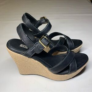 Women’s Ugh Jackilyn Black Leather Strappy Wedge Sandals Heel 9 1004307